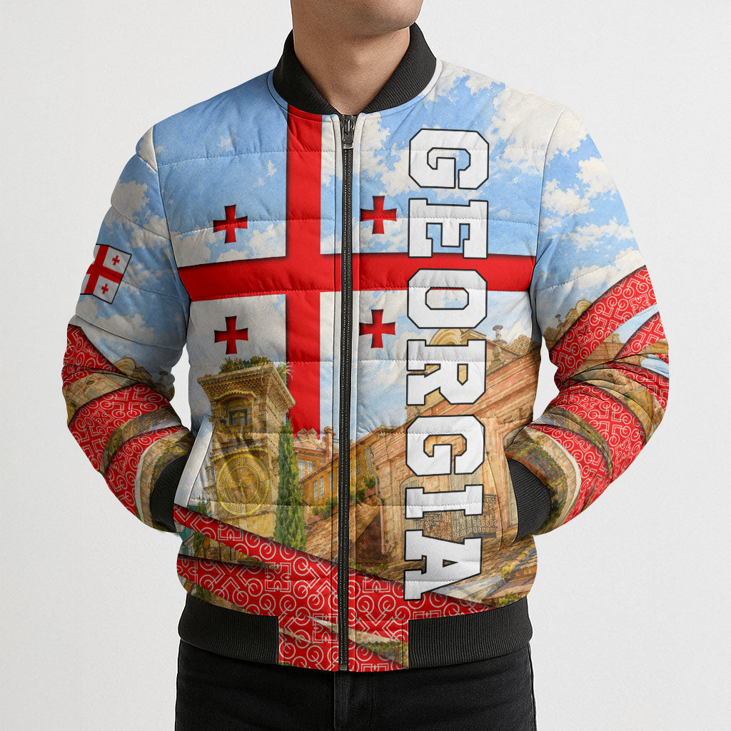 Georgia National Flag Bomber Puffer Jacket Tbilisi Clock Tower Heritage Sky Art