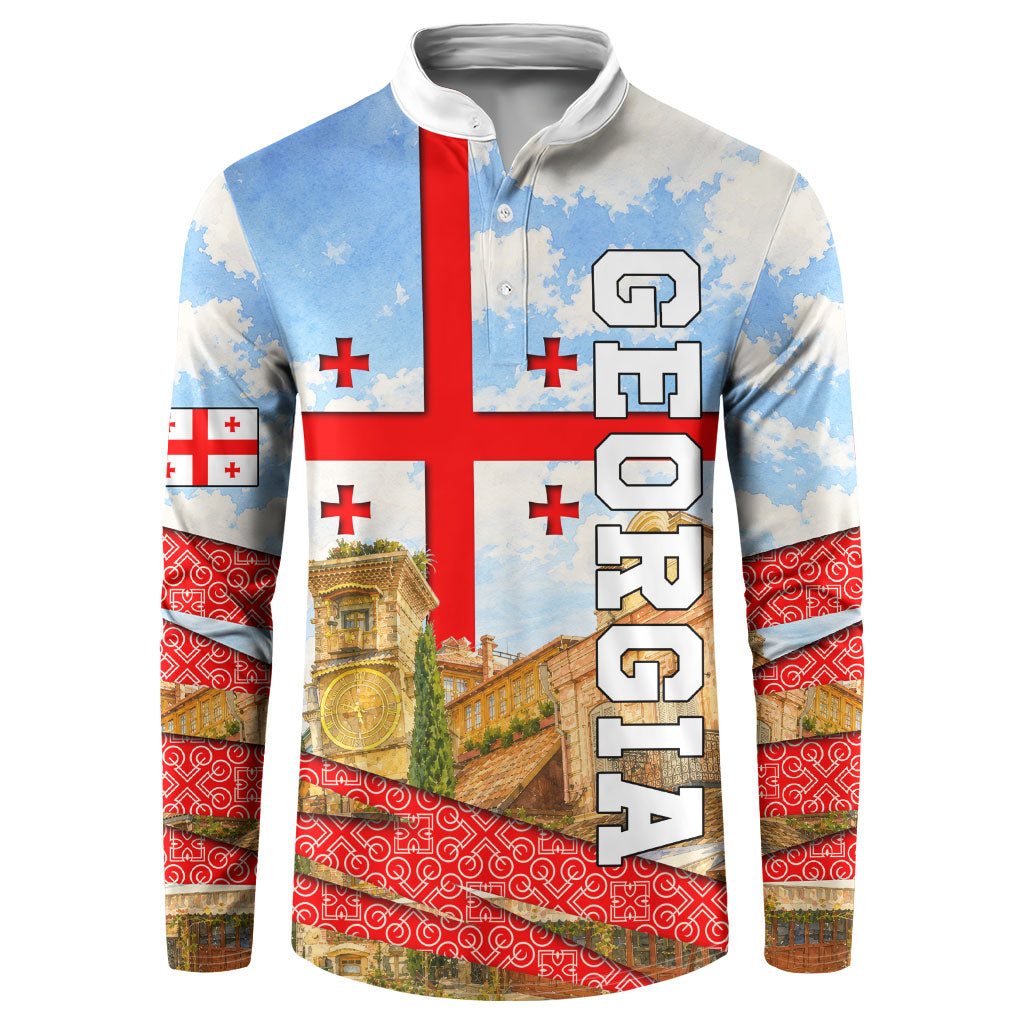 Georgia National Flag Button Sweatshirt Tbilisi Clock Tower Heritage Sky Art