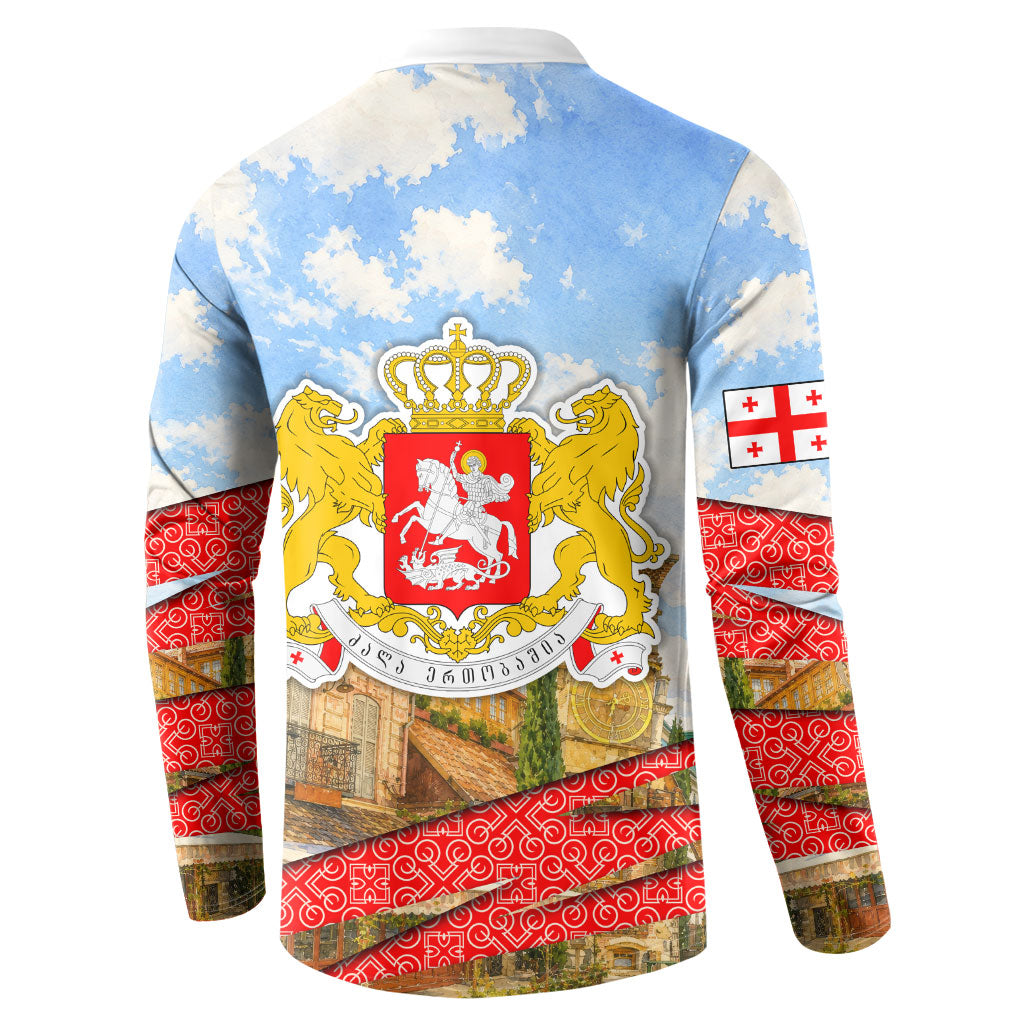 Georgia National Flag Button Sweatshirt Tbilisi Clock Tower Heritage Sky Art