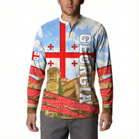 Georgia National Flag Button Sweatshirt Tbilisi Clock Tower Heritage Sky Art