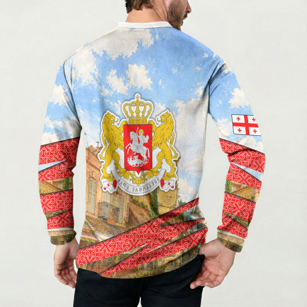 Georgia National Flag Button Sweatshirt Tbilisi Clock Tower Heritage Sky Art