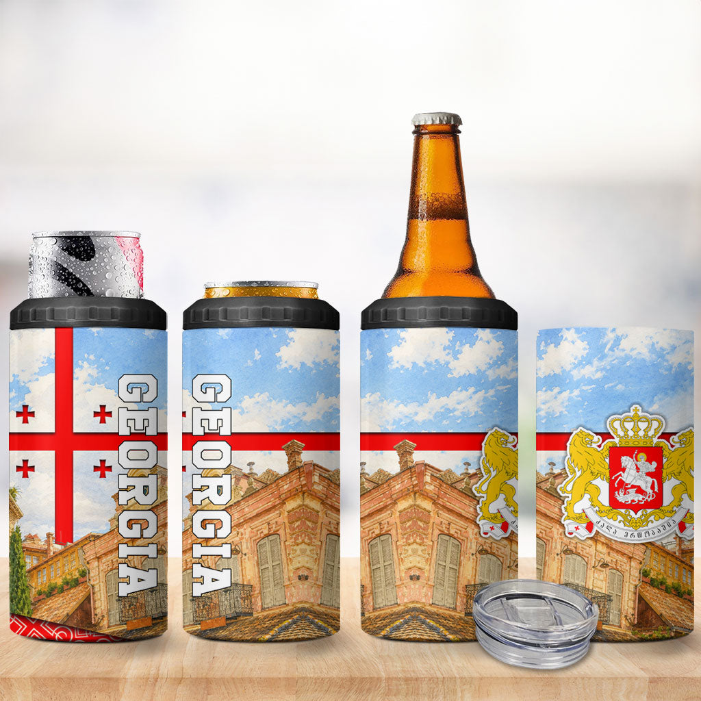Georgia National Flag 4 in 1 Can Cooler Tumbler Tbilisi Clock Tower Heritage Sky Art