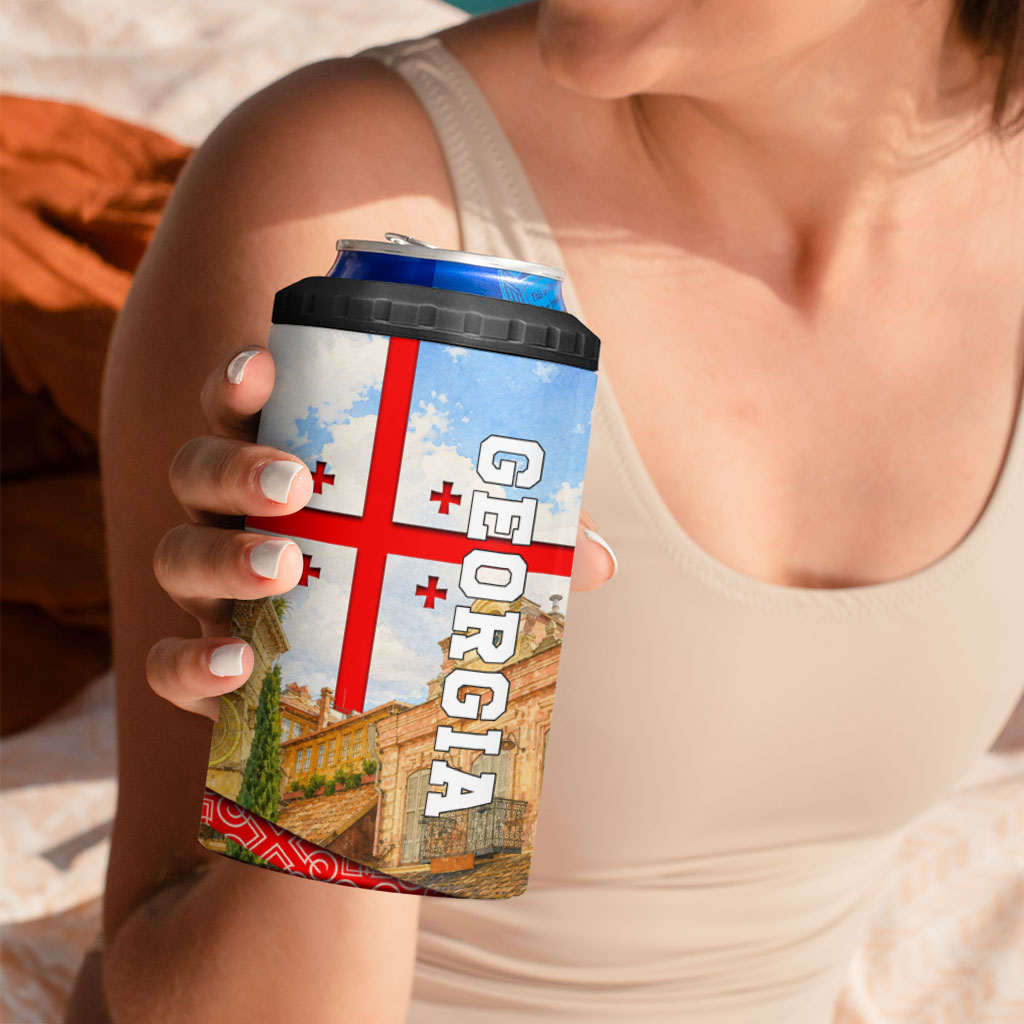 Georgia National Flag 4 in 1 Can Cooler Tumbler Tbilisi Clock Tower Heritage Sky Art