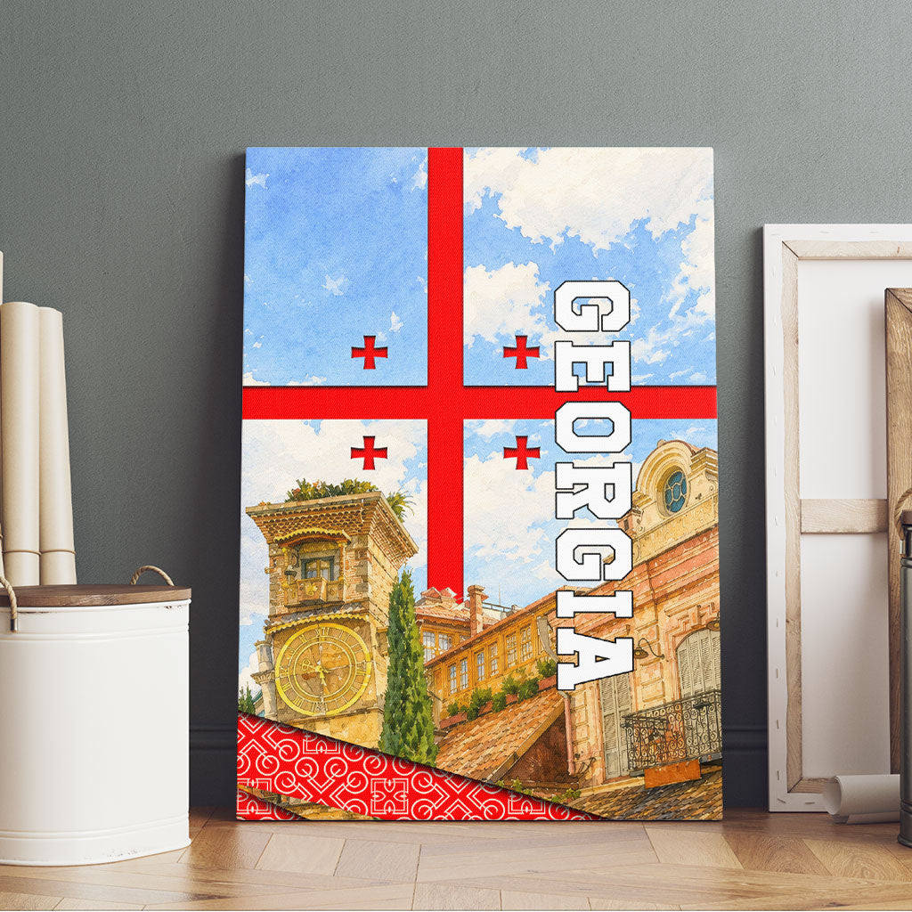 Georgia National Flag Canvas Wall Art Tbilisi Clock Tower Heritage Sky Art