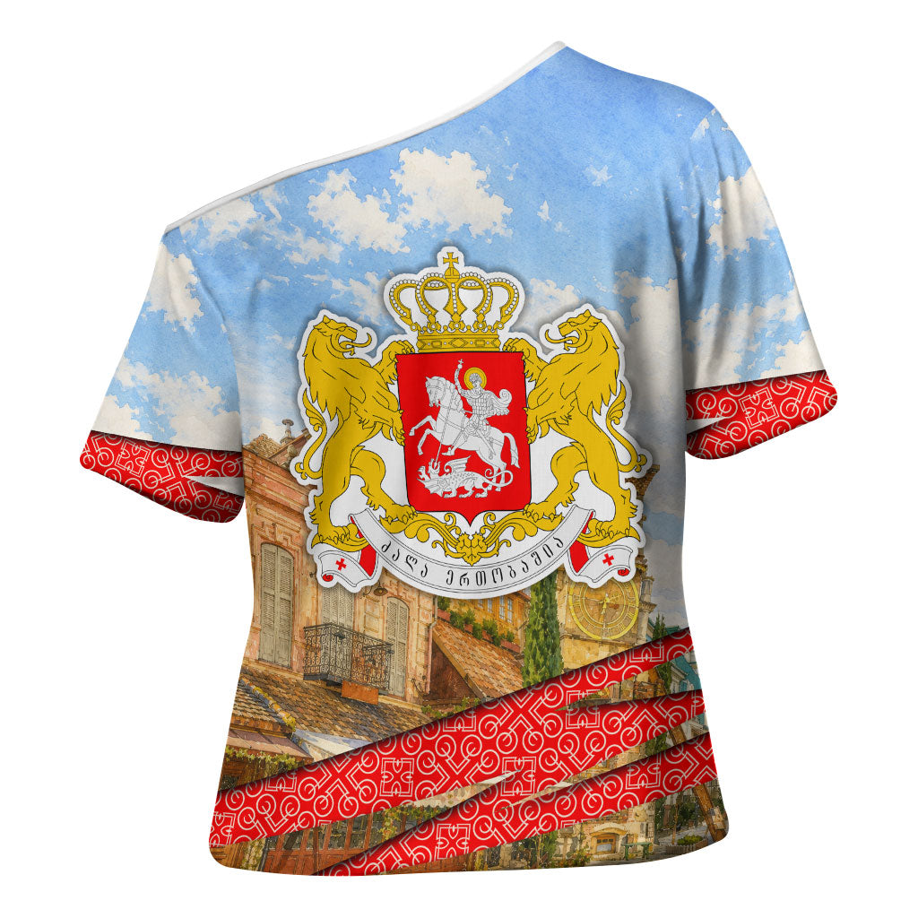 Georgia National Flag Cross Shoulder Shirt Tbilisi Clock Tower Heritage Sky Art