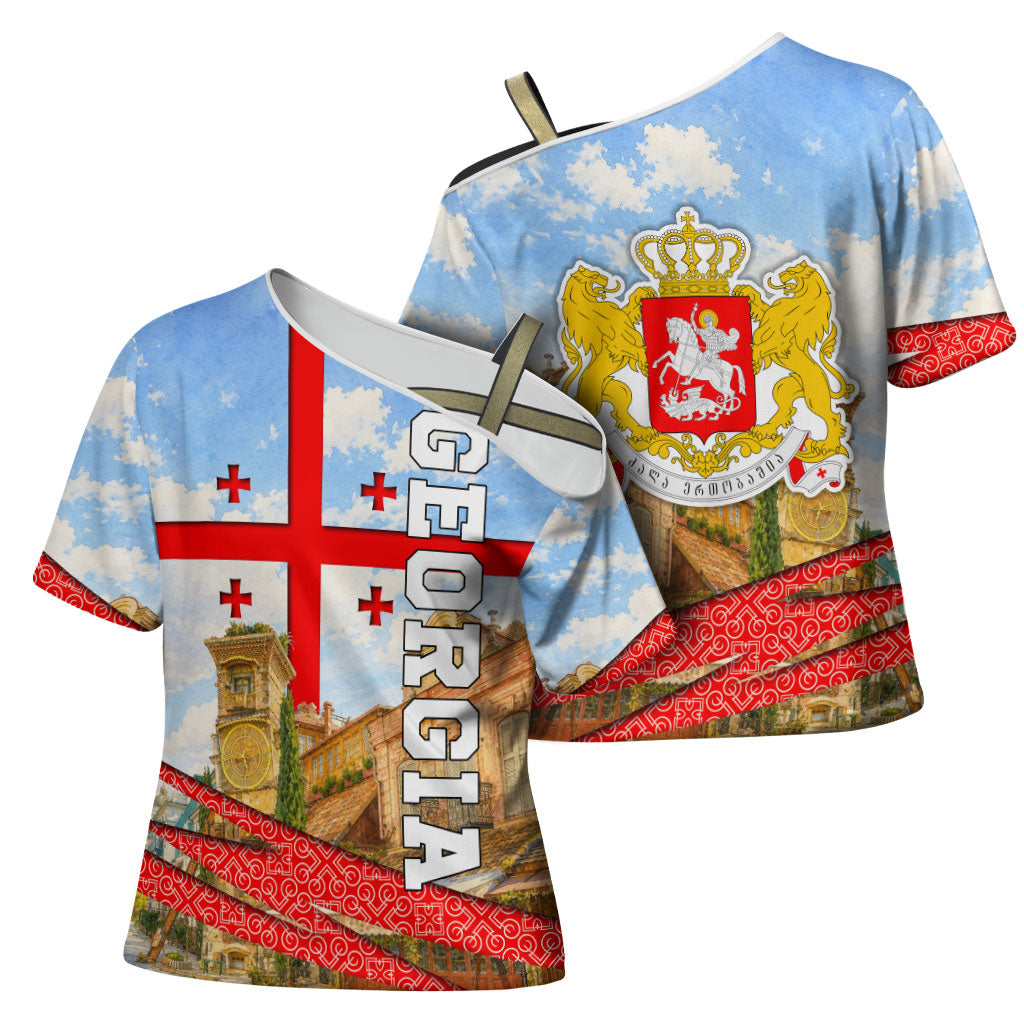 Georgia National Flag Cross Shoulder Shirt Tbilisi Clock Tower Heritage Sky Art
