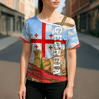 Georgia National Flag Cross Shoulder Shirt Tbilisi Clock Tower Heritage Sky Art