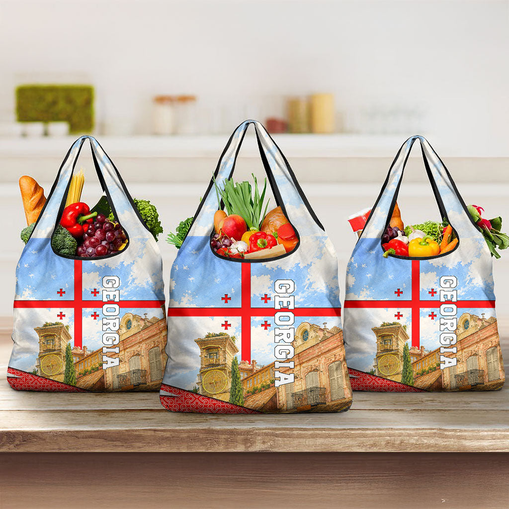 Georgia National Flag Grocery Bag Tbilisi Clock Tower Heritage Sky Art