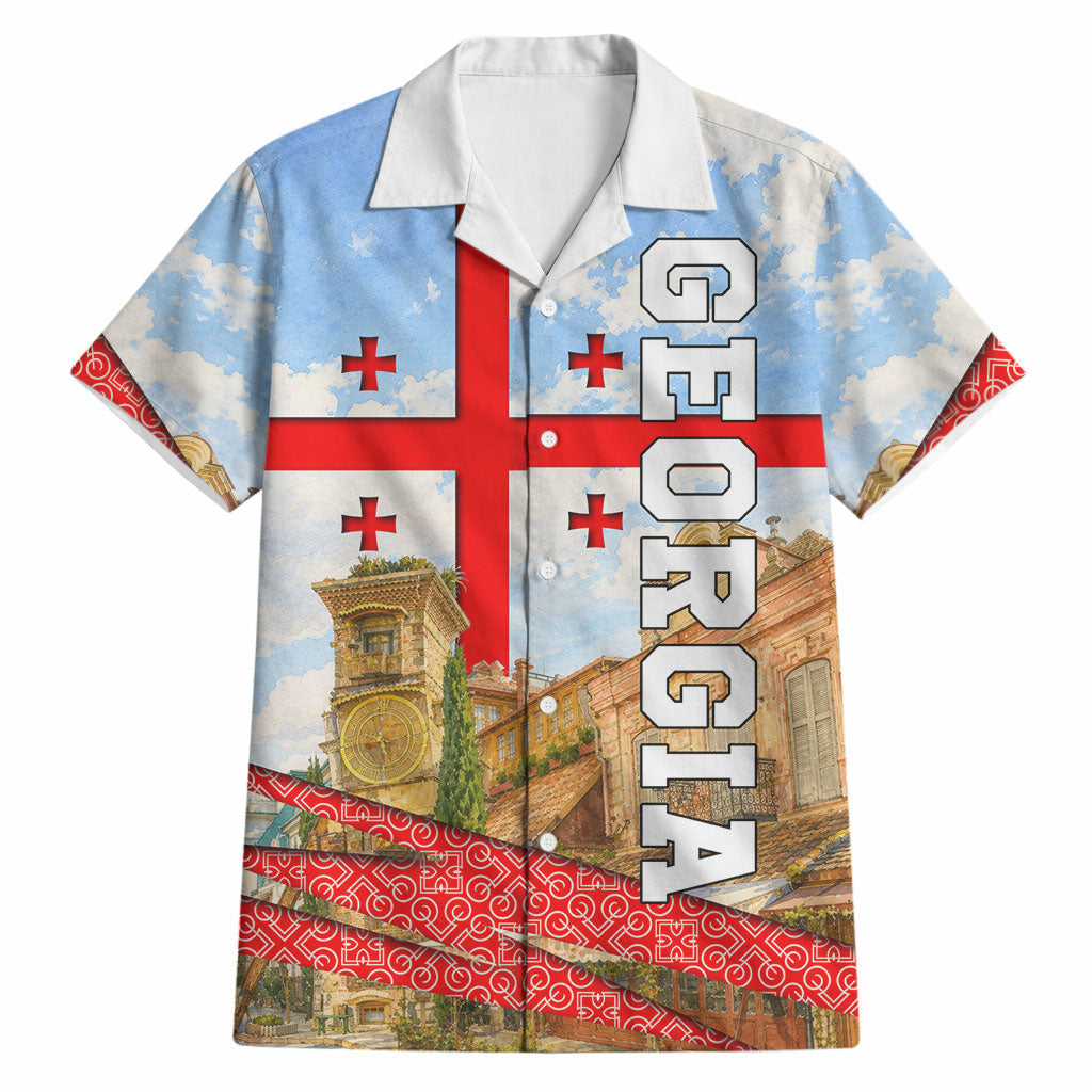 Georgia National Flag Hawaiian Shirt Tbilisi Clock Tower Heritage Sky Art