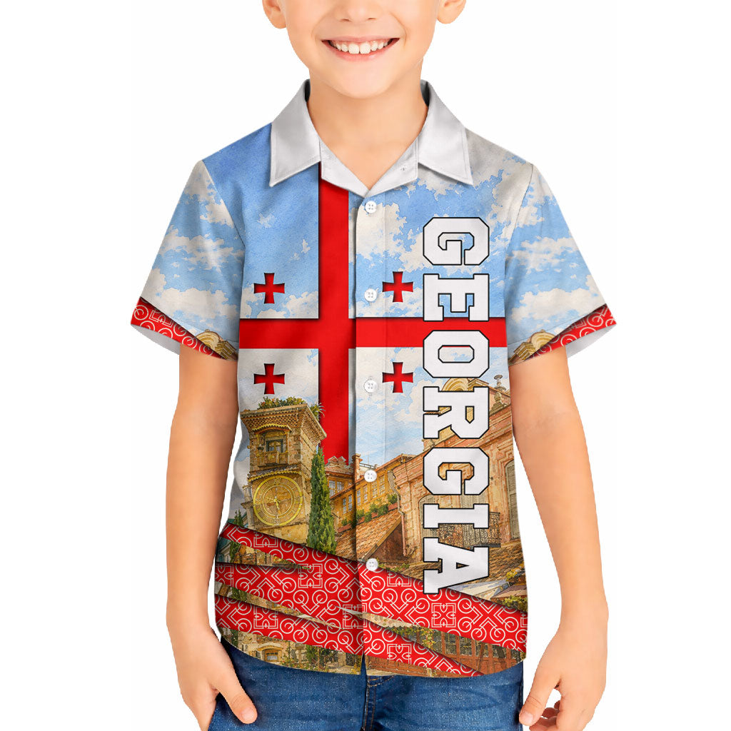 Georgia National Flag Hawaiian Shirt Tbilisi Clock Tower Heritage Sky Art