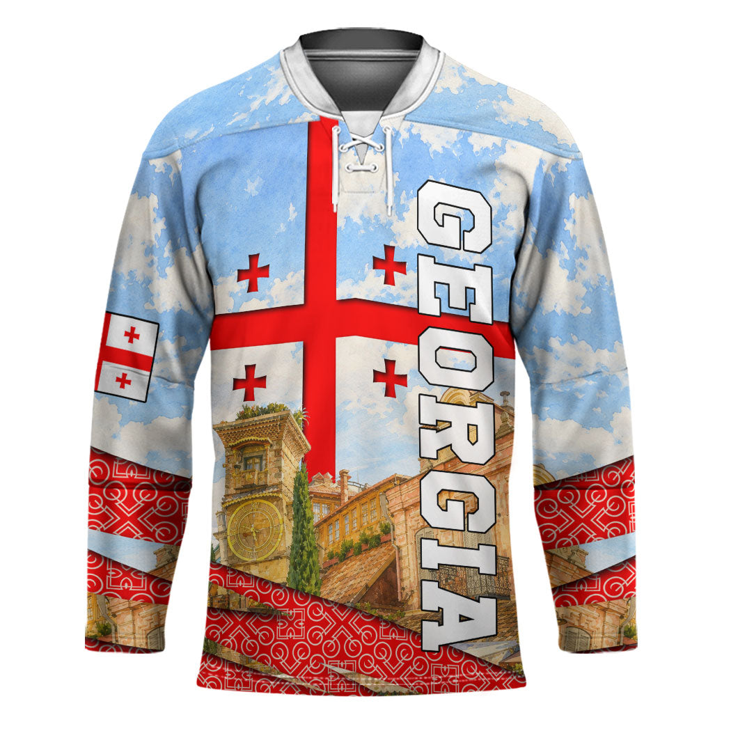 Georgia National Flag Hockey Jersey Tbilisi Clock Tower Heritage Sky Art