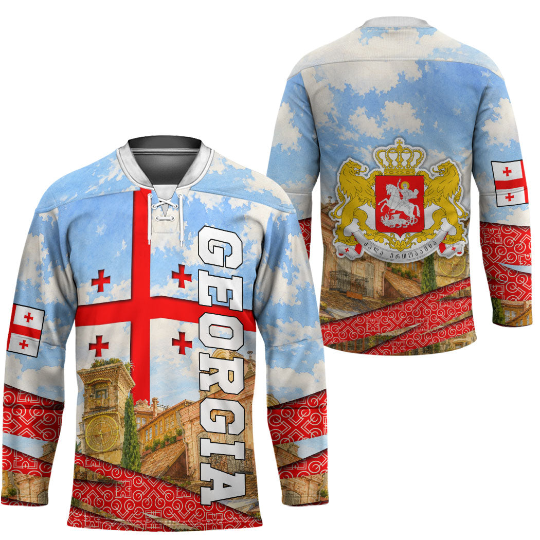 Georgia National Flag Hockey Jersey Tbilisi Clock Tower Heritage Sky Art