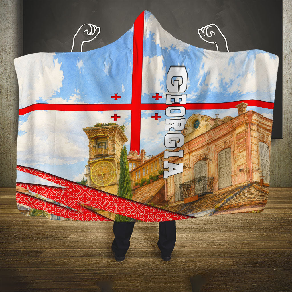 Georgia National Flag Hooded Blanket Tbilisi Clock Tower Heritage Sky Art