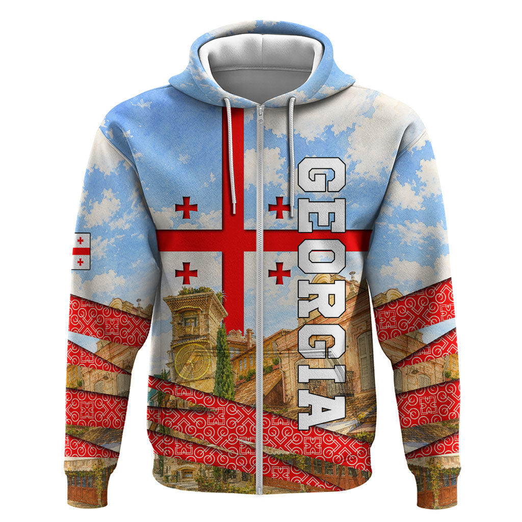 Georgia National Flag Hoodie Tbilisi Clock Tower Heritage Sky Art