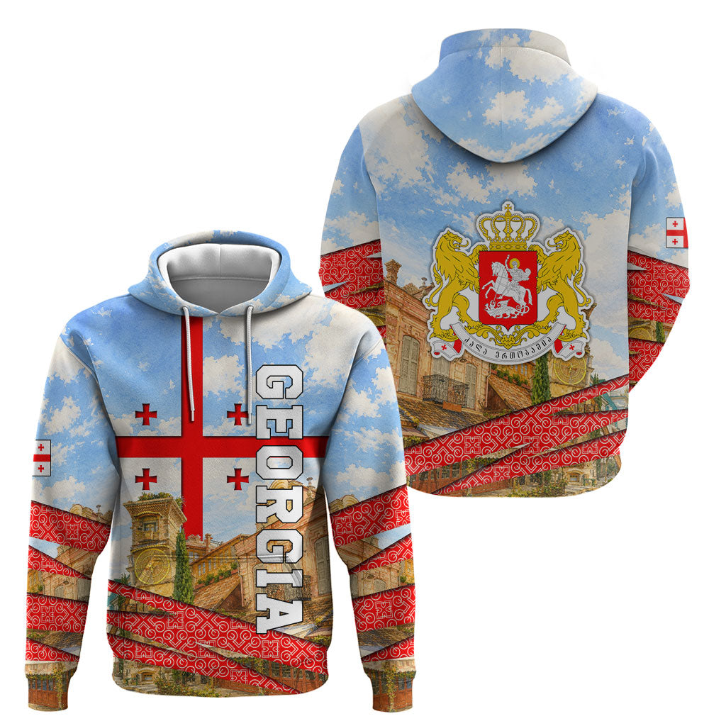 Georgia National Flag Hoodie Tbilisi Clock Tower Heritage Sky Art