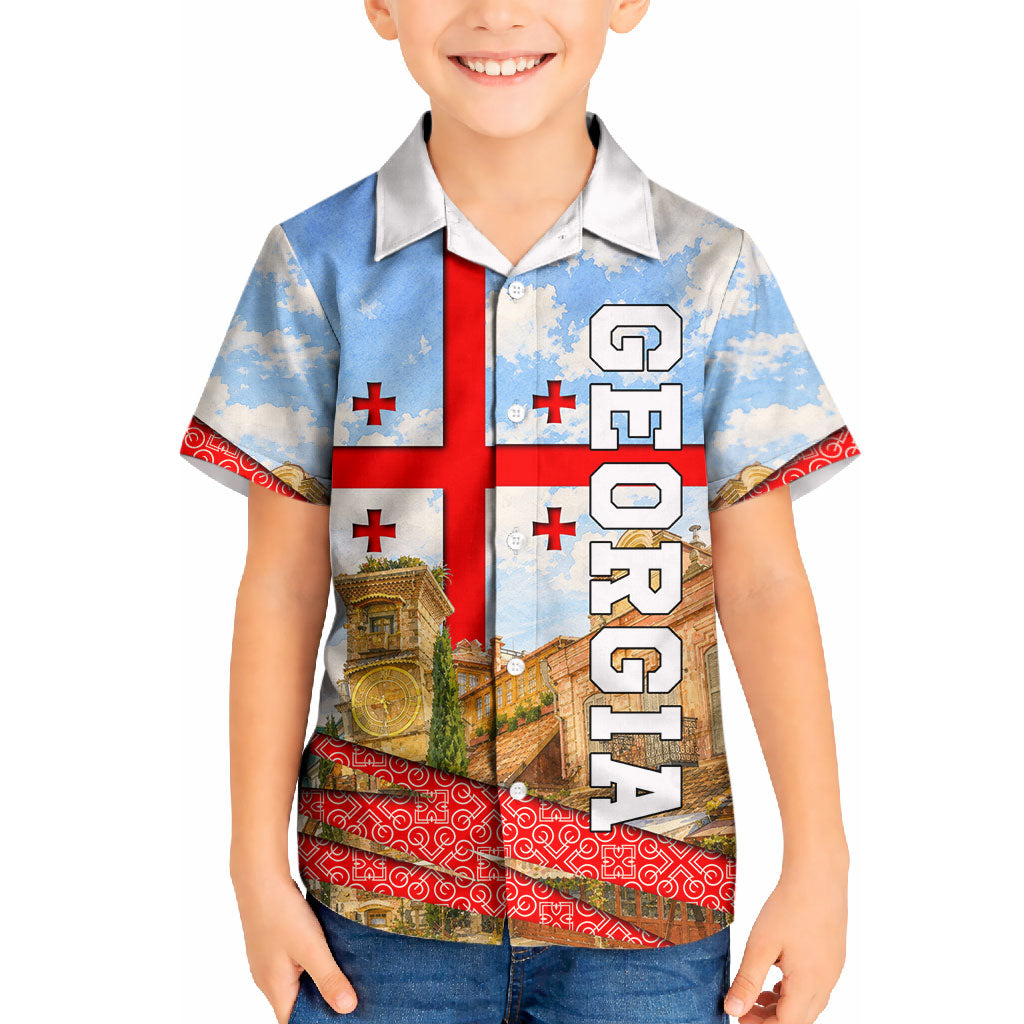 Georgia National Flag Kid Hawaiian Shirt Tbilisi Clock Tower Heritage Sky Art