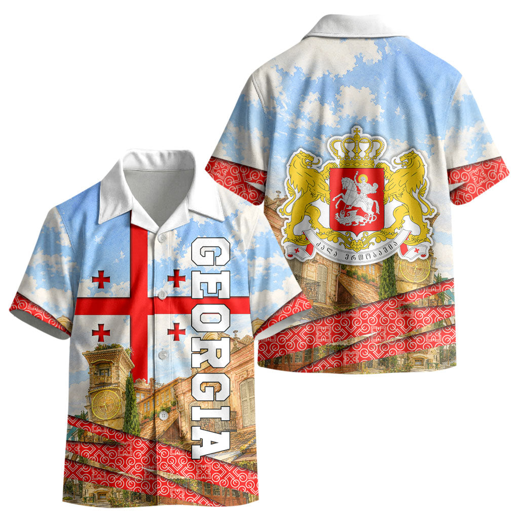 Georgia National Flag Kid Hawaiian Shirt Tbilisi Clock Tower Heritage Sky Art