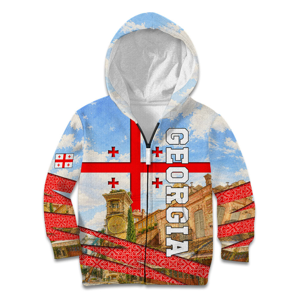 Georgia National Flag Kid Hoodie Tbilisi Clock Tower Heritage Sky Art