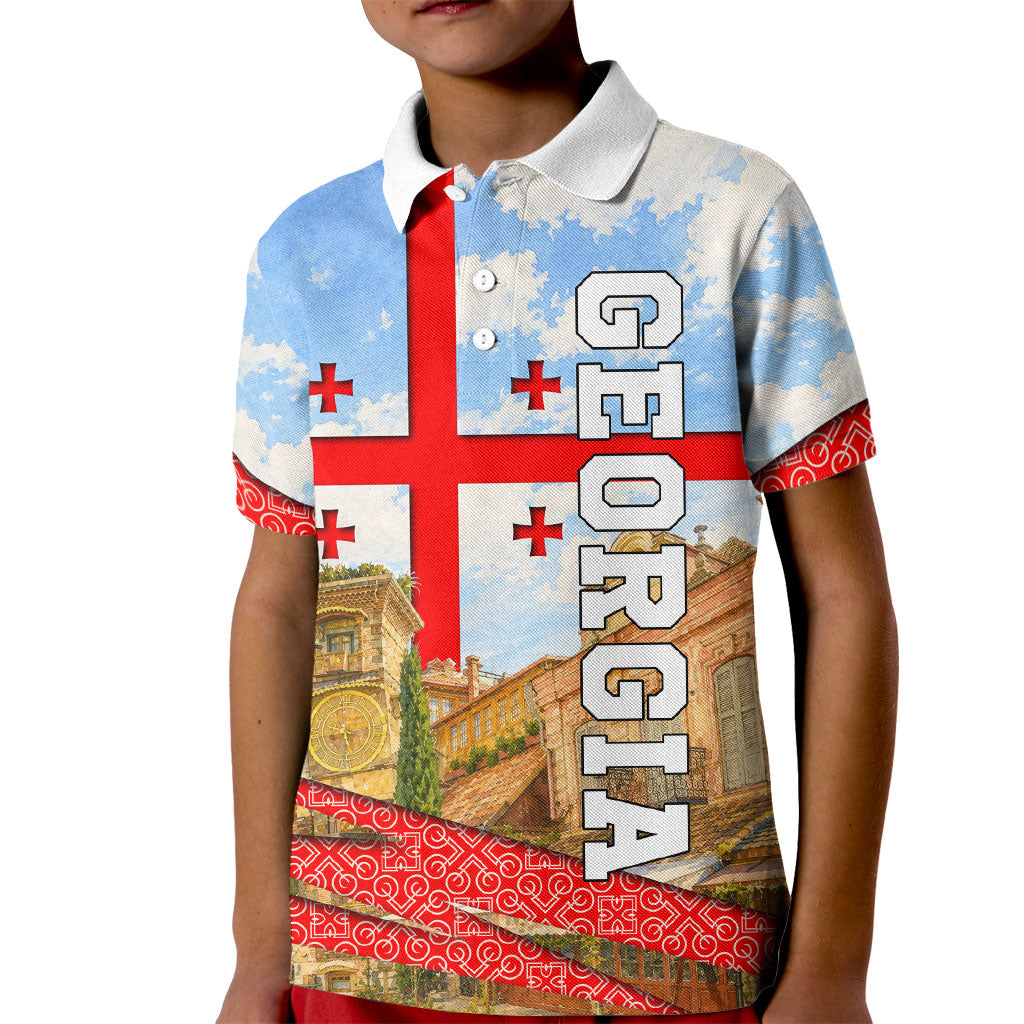Georgia National Flag Kid Polo Shirt Tbilisi Clock Tower Heritage Sky Art