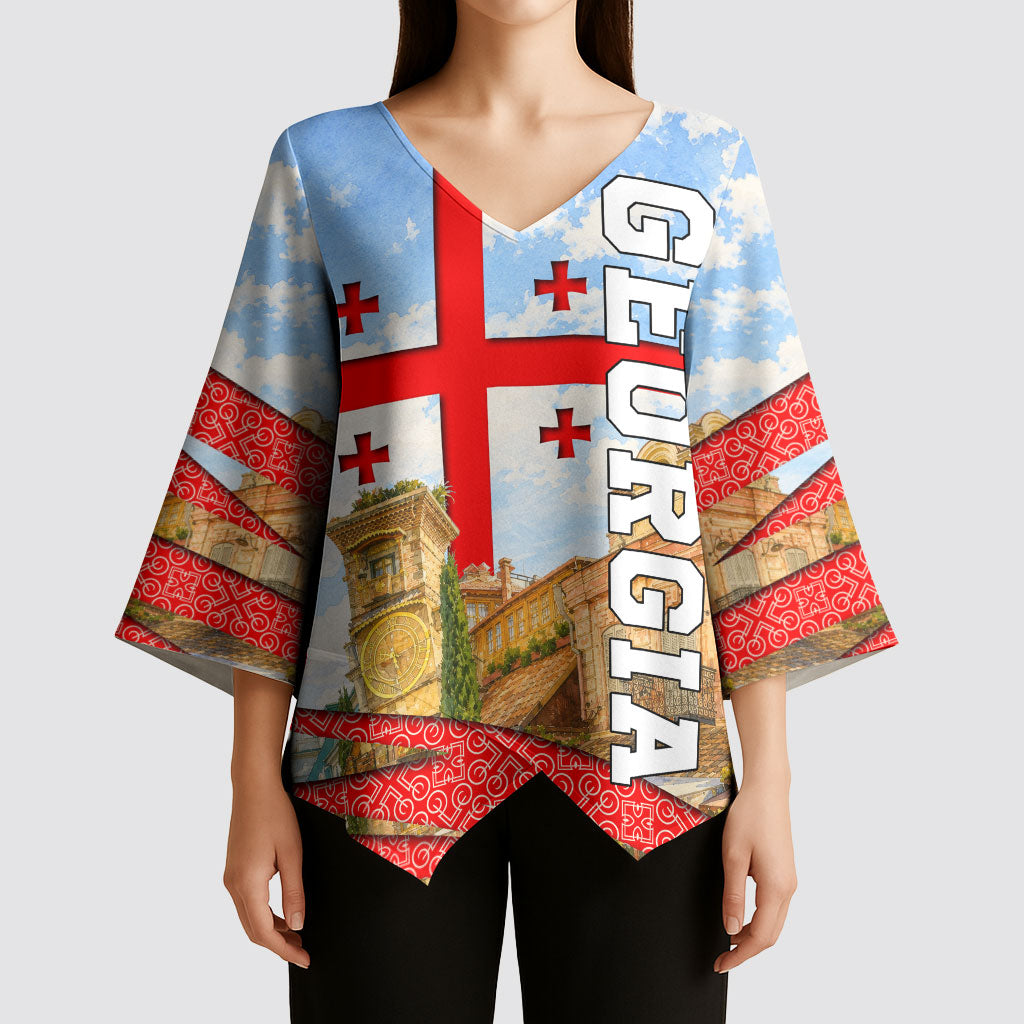 Georgia National Flag Kimono Sleeve Blouse Tbilisi Clock Tower Heritage Sky Art