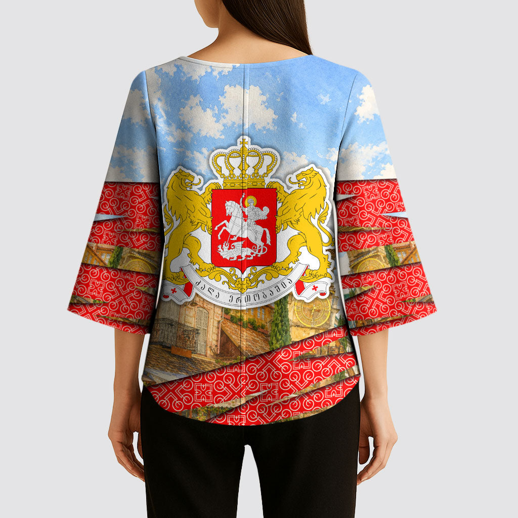 Georgia National Flag Kimono Sleeve Blouse Tbilisi Clock Tower Heritage Sky Art