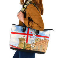 Georgia National Flag Leather Tote Bag Tbilisi Clock Tower Heritage Sky Art