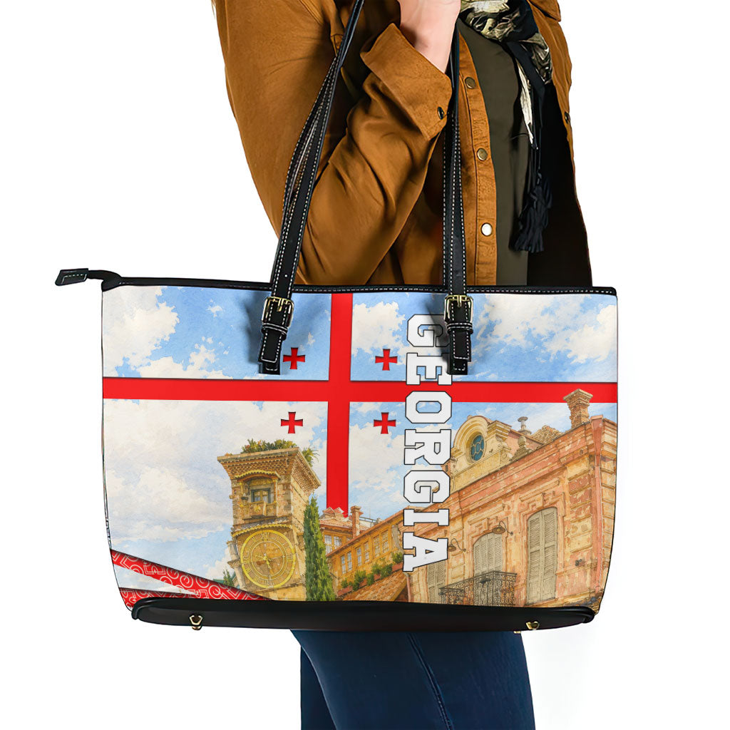 Georgia National Flag Leather Tote Bag Tbilisi Clock Tower Heritage Sky Art