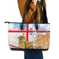 Georgia National Flag Leather Tote Bag Tbilisi Clock Tower Heritage Sky Art