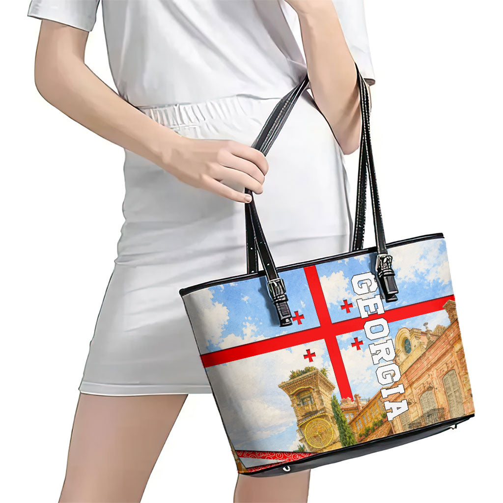 Georgia National Flag Leather Tote Bag Tbilisi Clock Tower Heritage Sky Art