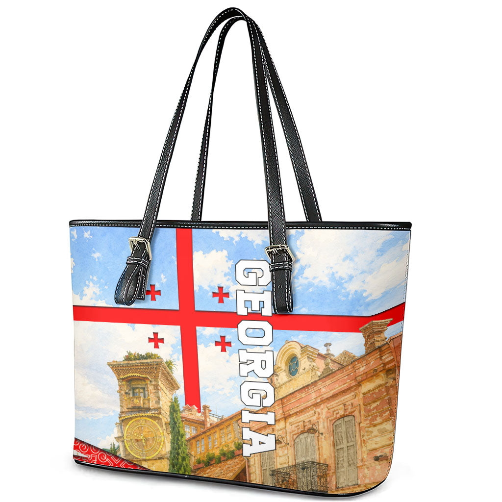 Georgia National Flag Leather Tote Bag Tbilisi Clock Tower Heritage Sky Art
