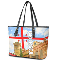 Georgia National Flag Leather Tote Bag Tbilisi Clock Tower Heritage Sky Art