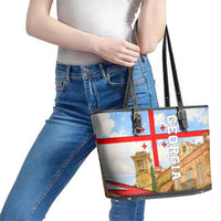 Georgia National Flag Leather Tote Bag Tbilisi Clock Tower Heritage Sky Art
