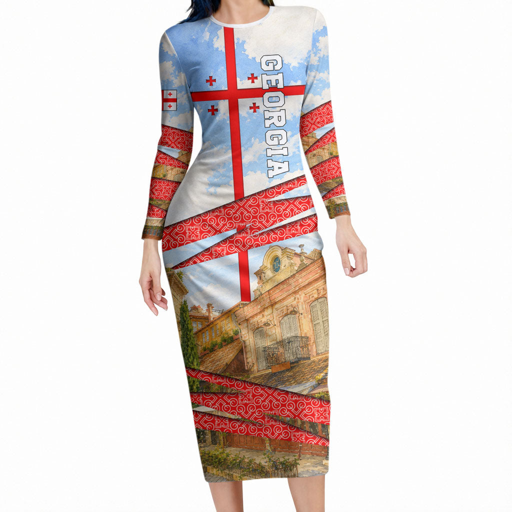 Georgia National Flag Long Sleeve Bodycon Dress Tbilisi Clock Tower Heritage Sky Art