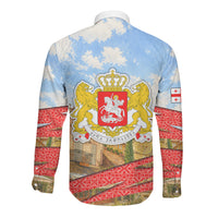 Georgia National Flag Long Sleeve Button Shirt Tbilisi Clock Tower Heritage Sky Art