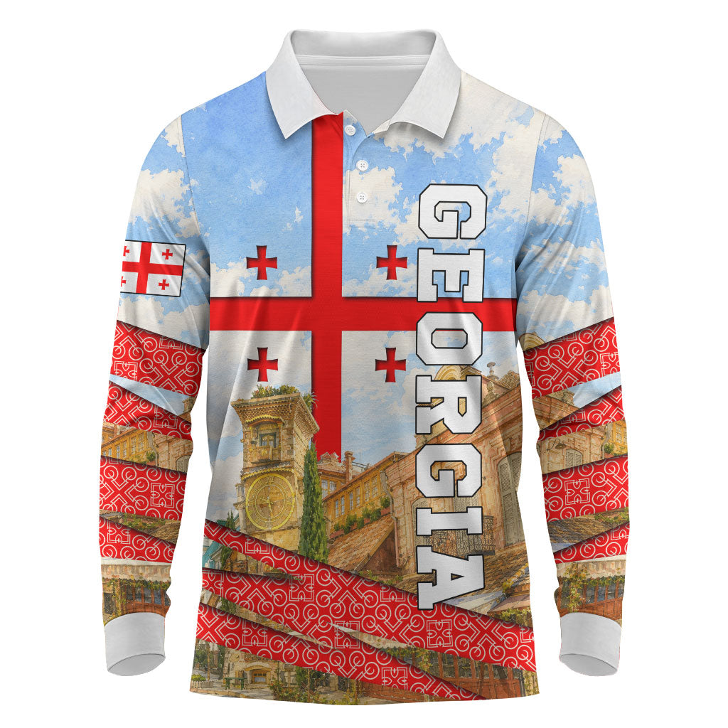 Georgia National Flag Long Sleeve Polo Shirt Tbilisi Clock Tower Heritage Sky Art