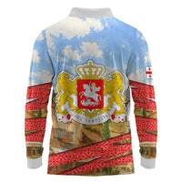 Georgia National Flag Long Sleeve Polo Shirt Tbilisi Clock Tower Heritage Sky Art