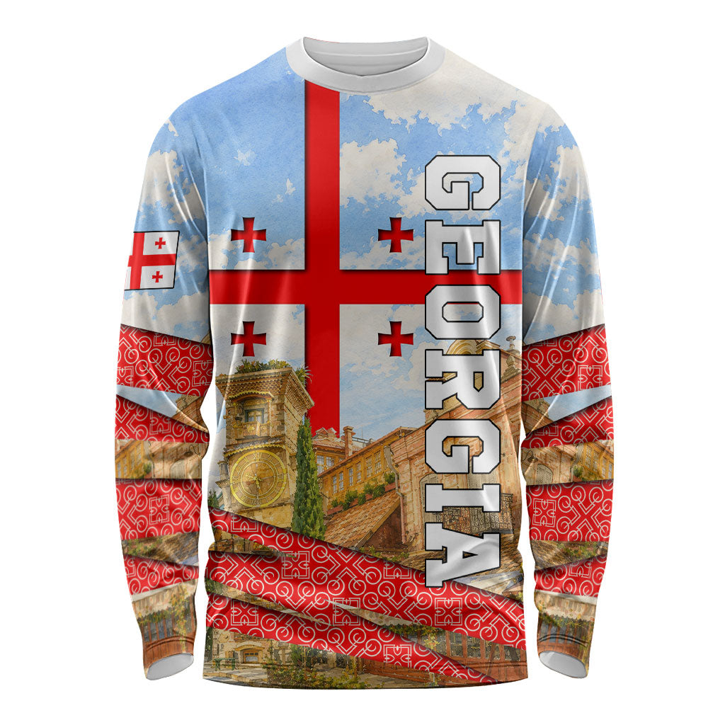 Georgia National Flag Long Sleeve Shirt Tbilisi Clock Tower Heritage Sky Art