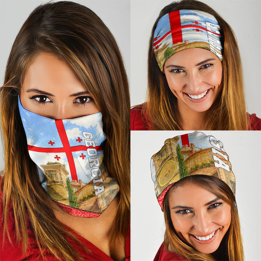 Georgia National Flag Neck Gaiter Tbilisi Clock Tower Heritage Sky Art
