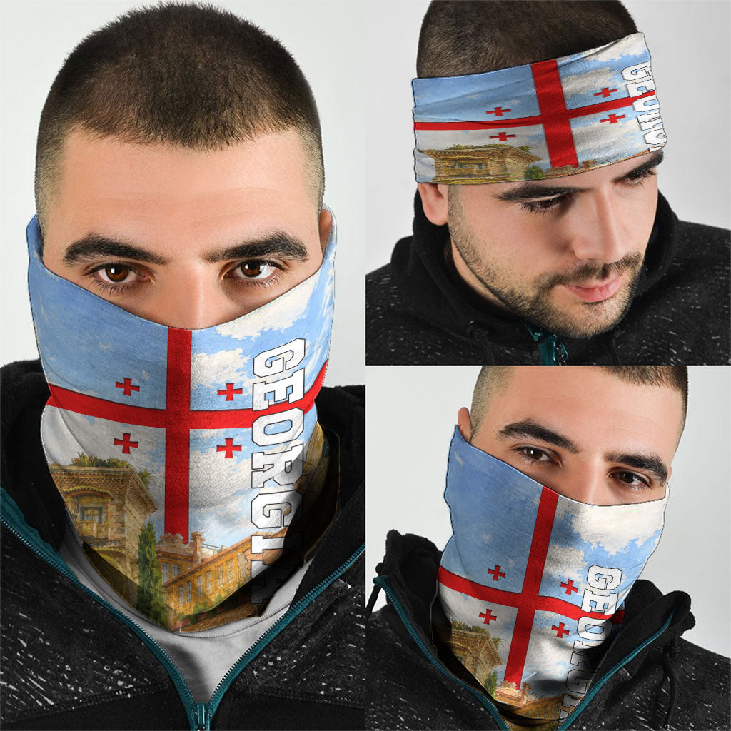 Georgia National Flag Neck Gaiter Tbilisi Clock Tower Heritage Sky Art