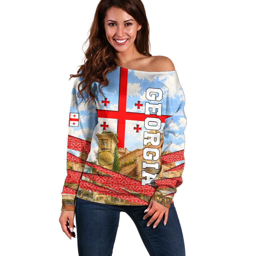 Georgia National Flag Off Shoulder Sweater Tbilisi Clock Tower Heritage Sky Art