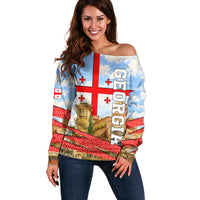 Georgia National Flag Off Shoulder Sweater Tbilisi Clock Tower Heritage Sky Art