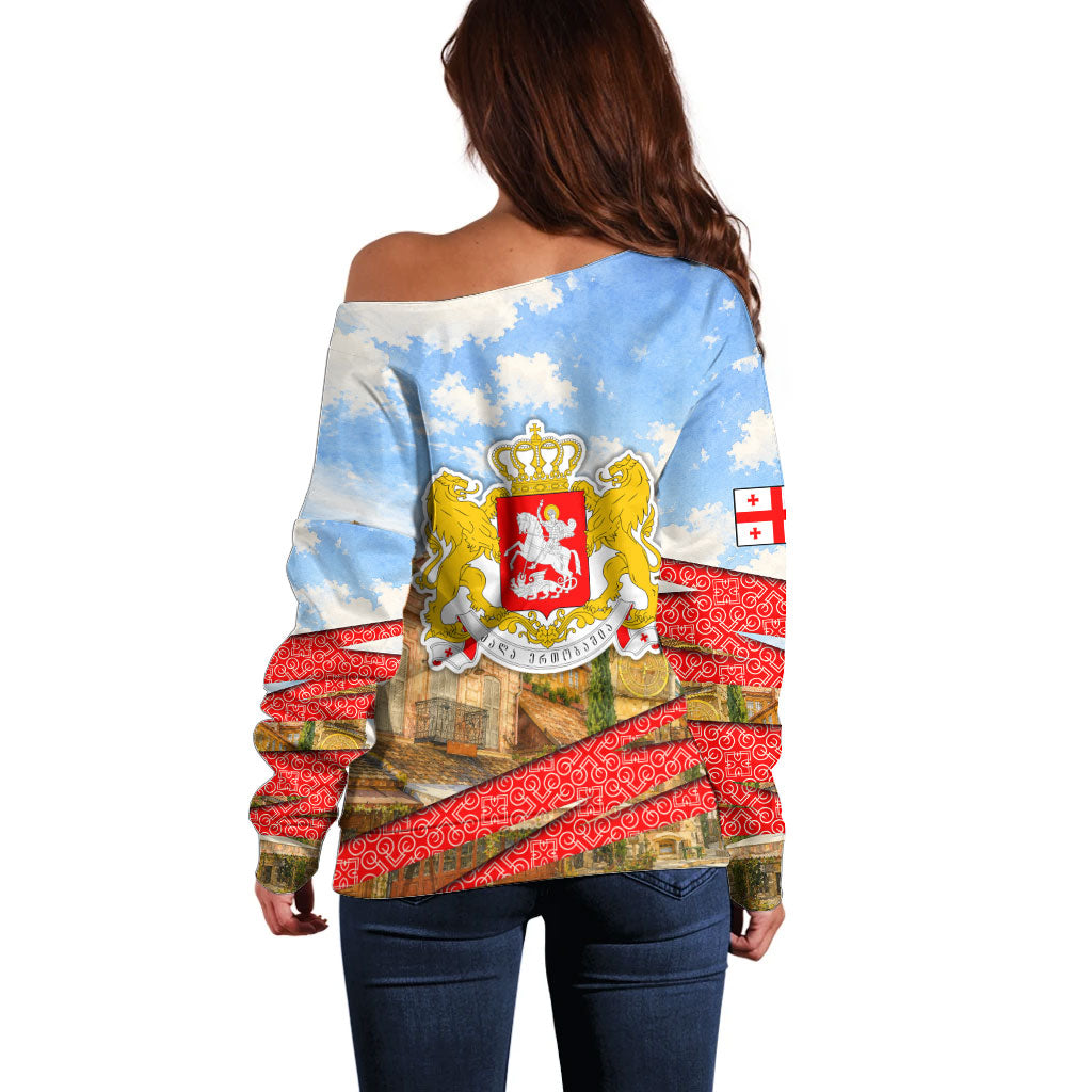 Georgia National Flag Off Shoulder Sweater Tbilisi Clock Tower Heritage Sky Art
