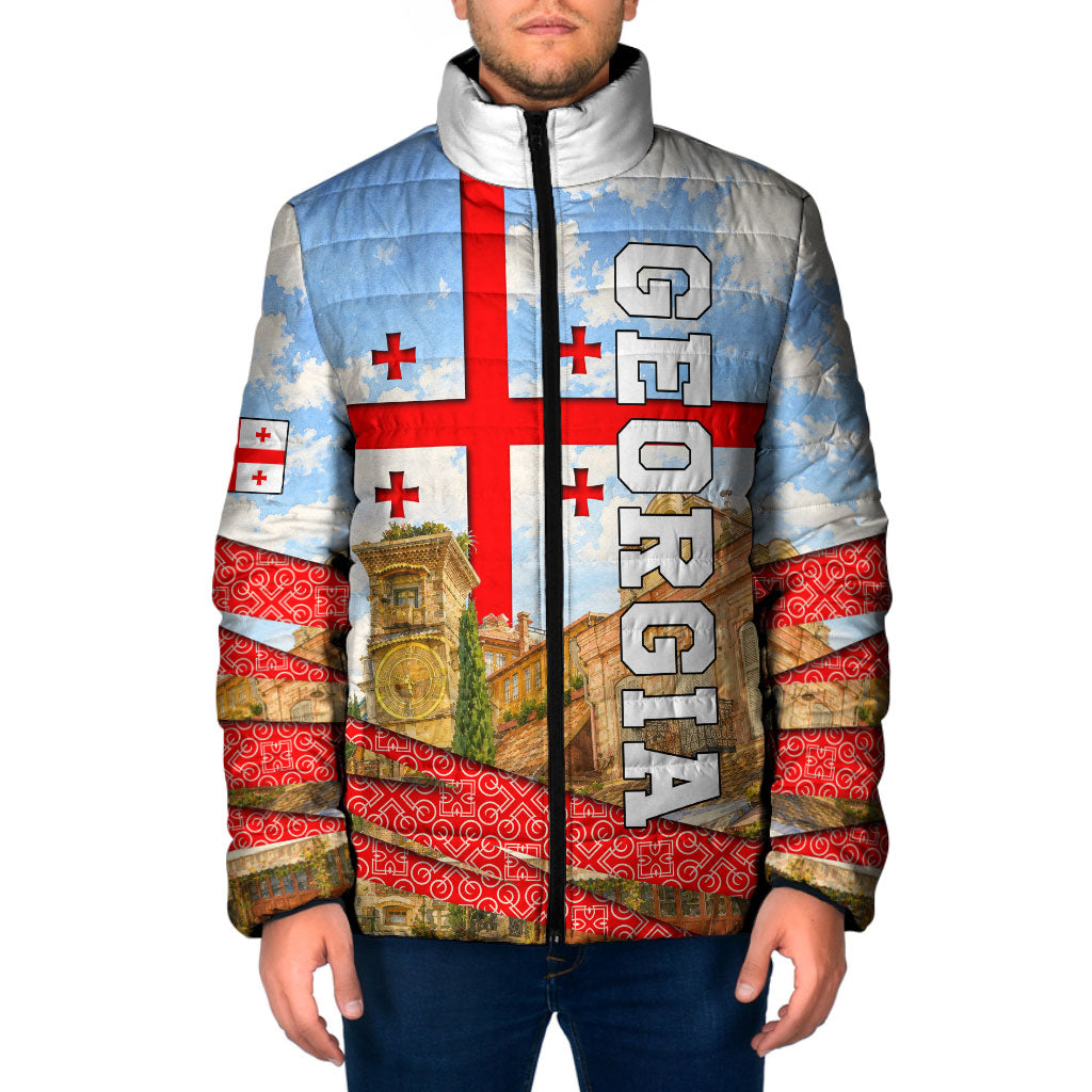 Georgia National Flag Padded Jacket Tbilisi Clock Tower Heritage Sky Art