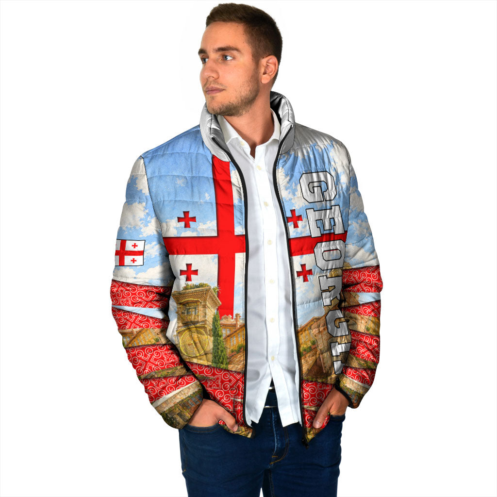Georgia National Flag Padded Jacket Tbilisi Clock Tower Heritage Sky Art