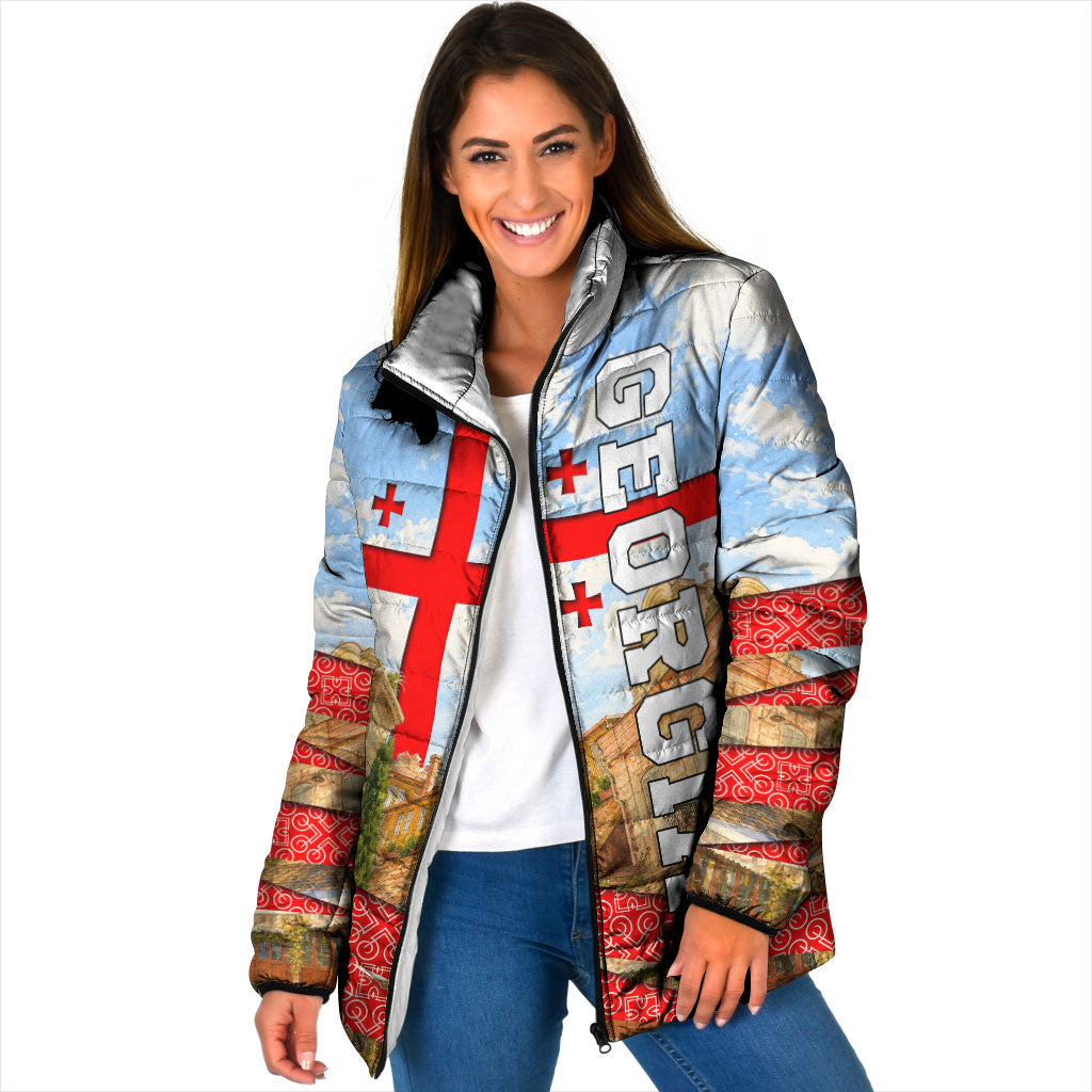 Georgia National Flag Padded Jacket Tbilisi Clock Tower Heritage Sky Art
