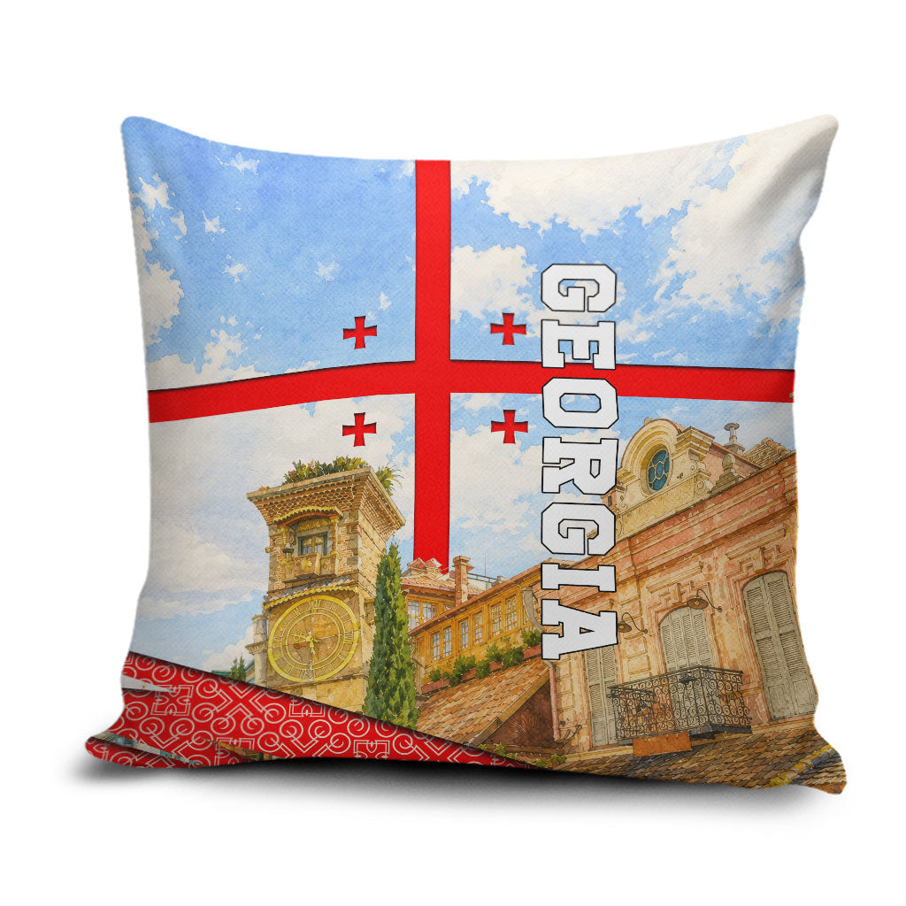 Georgia National Flag Pillow Cover Tbilisi Clock Tower Heritage Sky Art
