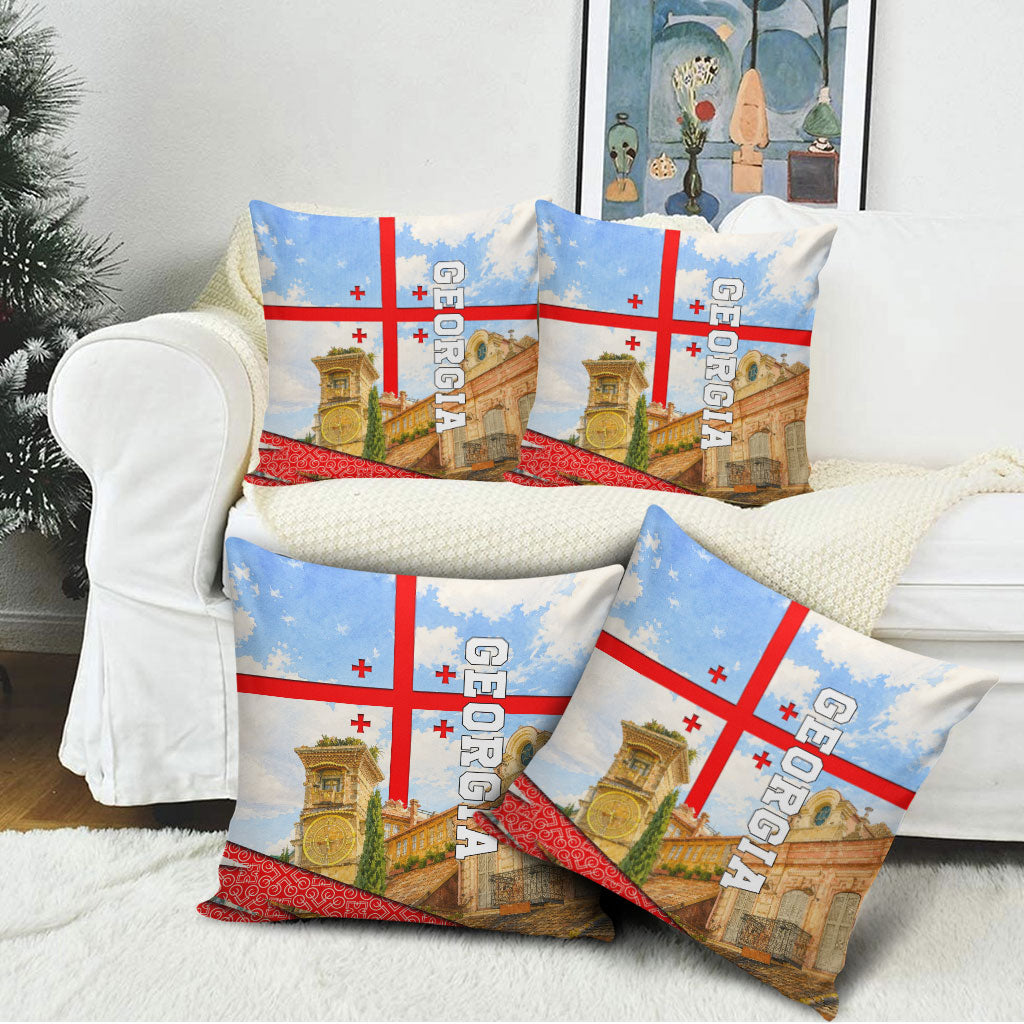 Georgia National Flag Pillow Cover Tbilisi Clock Tower Heritage Sky Art