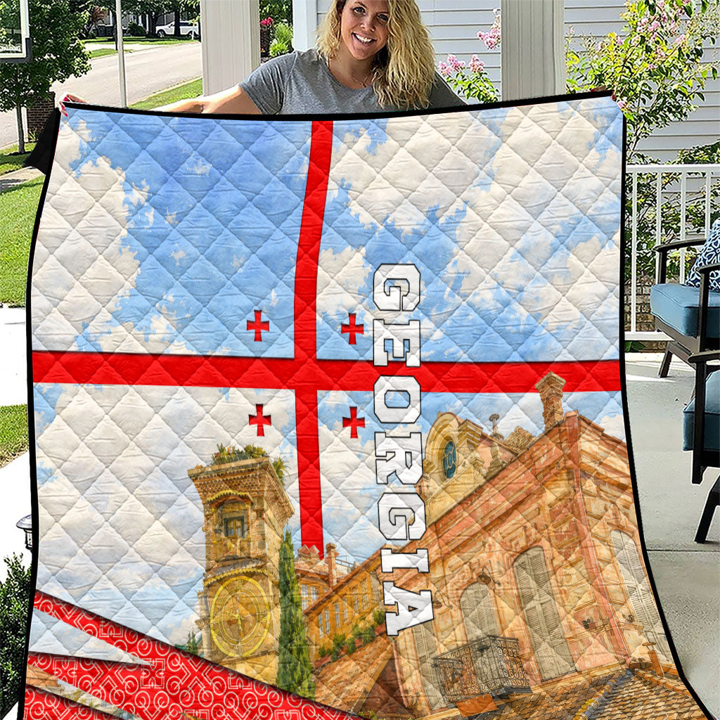 Georgia National Flag Quilt Tbilisi Clock Tower Heritage Sky Art
