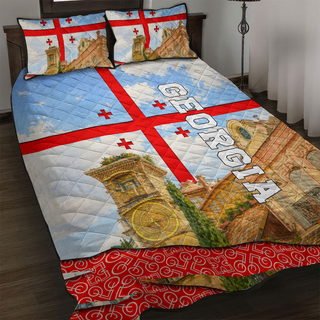 Georgia National Flag Quilt Bed Set Tbilisi Clock Tower Heritage Sky Art