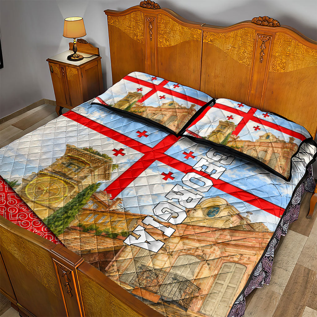 Georgia National Flag Quilt Bed Set Tbilisi Clock Tower Heritage Sky Art
